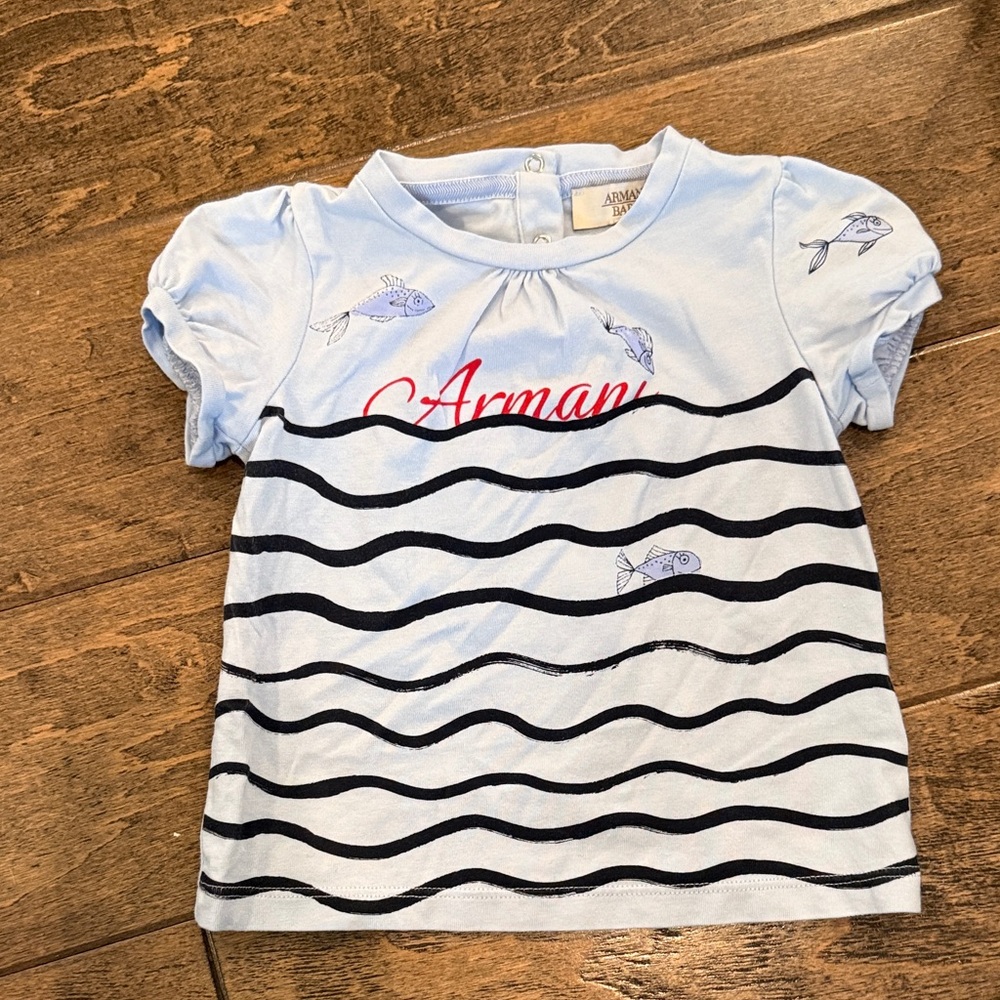 Armani Baby Light Blue Wave Fish Print Logo Tee